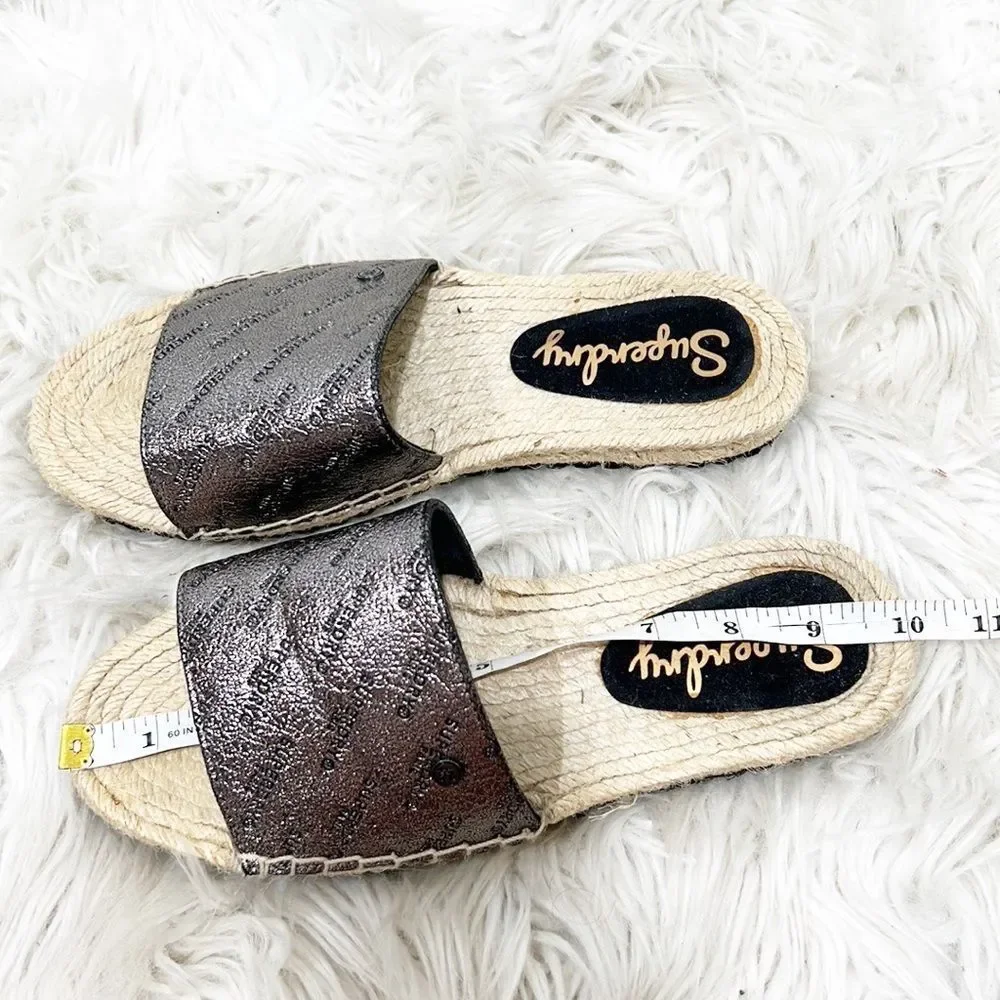 Superdry Maya Metallic Silver Logo Espadrille Slides size 6